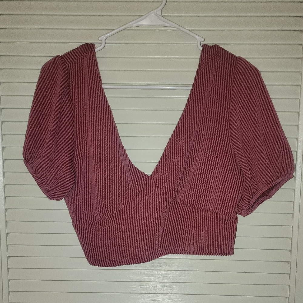 Altar’d State Rust Ribbed Puff Sleeve Cropped Top XL